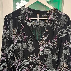Free People Floral Black and Purple Blouse